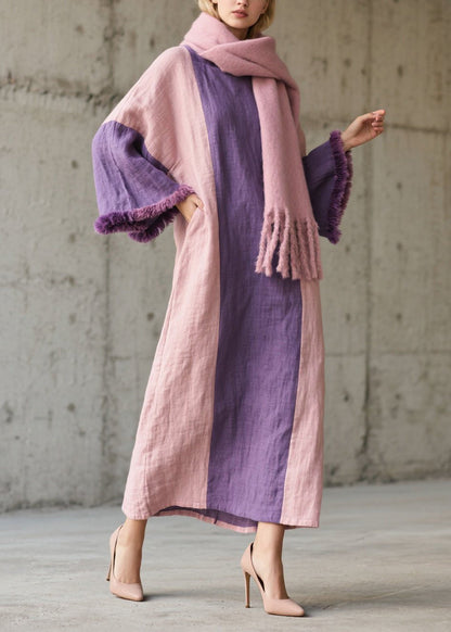 Plus Size Colorblock Fuzzy Fur Patchwork Cotton Dress Fall