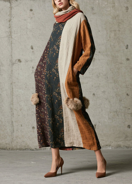 Fitted Mixed Color Patchwork Fuzzy Ball Decorated Cotton Robe Dresses Fall