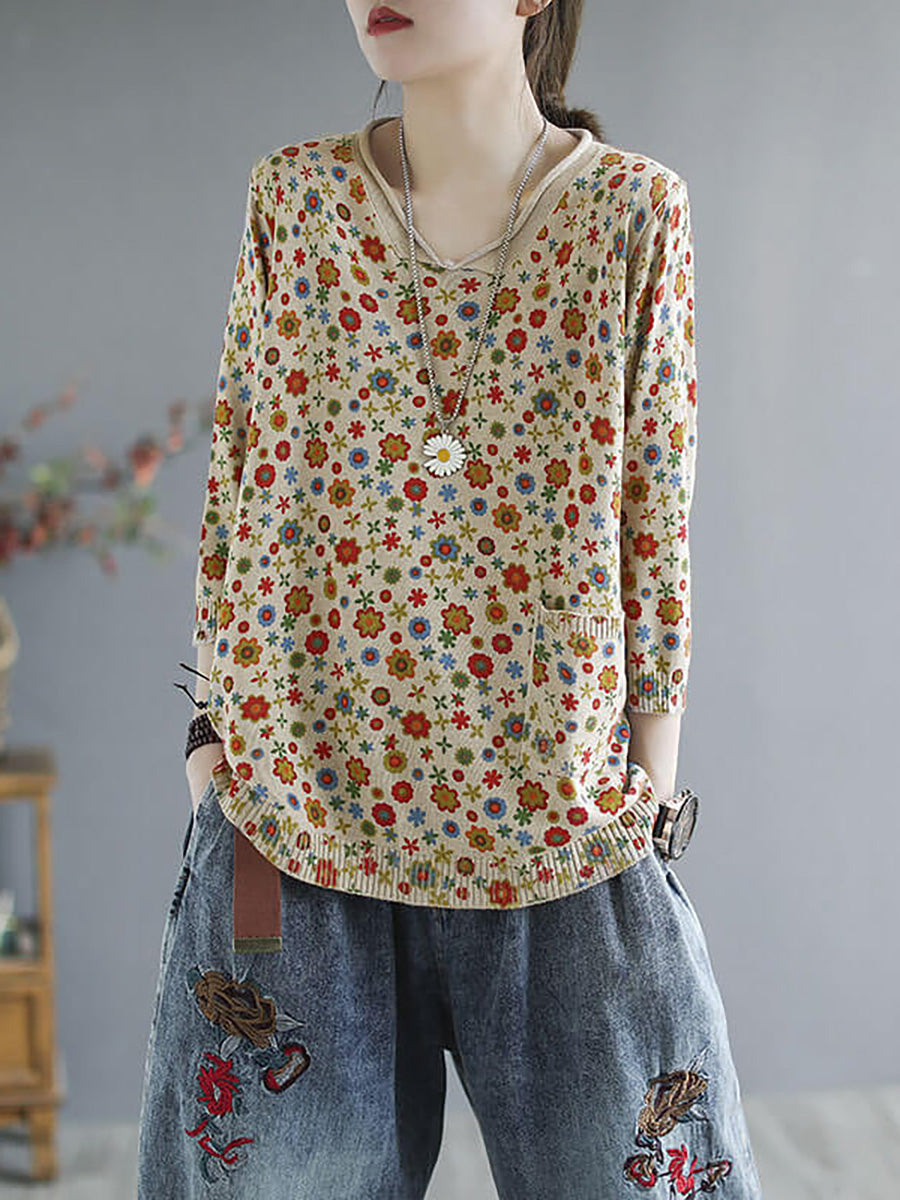 Plus Size - Floral  Knitted Casual Print Pocket Sweater
