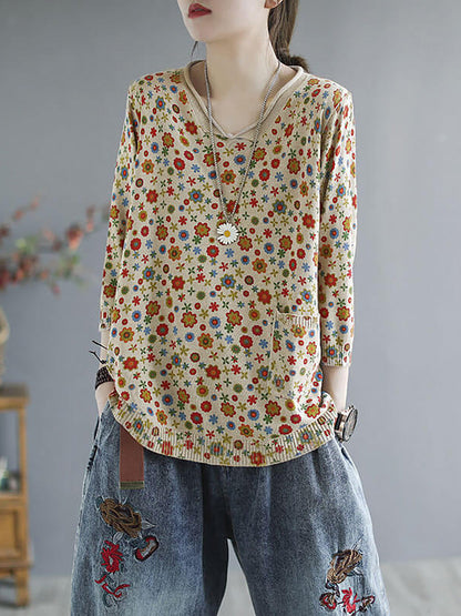 Plus Size - Floral  Knitted Casual Print Pocket Sweater