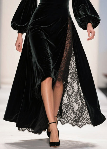 Chic Square Collar Lace Patchwork Velvet Ankle Dress Fall