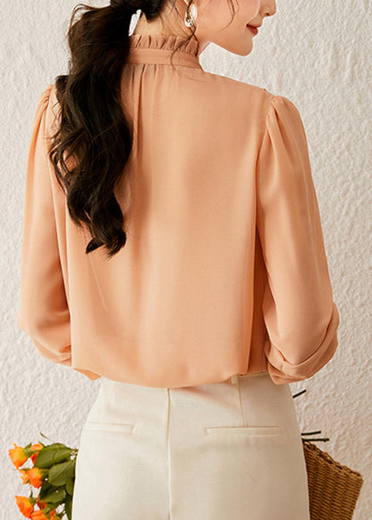 Beautiful Orange Stand Collar Tops Lantern Sleeve
