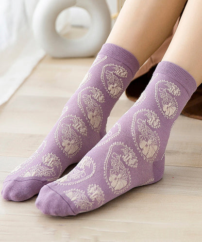 Japanese Style Versatile Purple Jacquard Mid Calf Socks Autumn