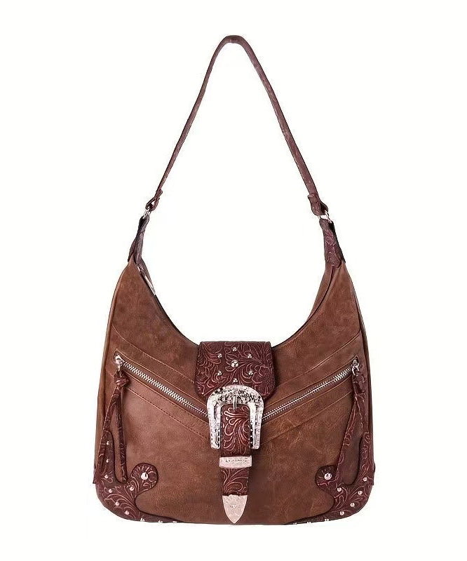 Chic Brown Appliqued Rivet Faux Leather Shoulder Bags