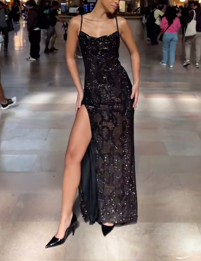 Sexy Sling Slim High Slit Sequined Python Dress