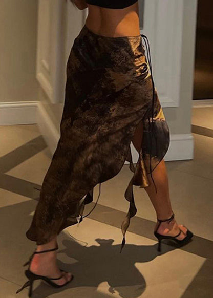 Unique Brown Asymmetrical Tie Dye LaceUp Patchwork Cotton Skirt Summer