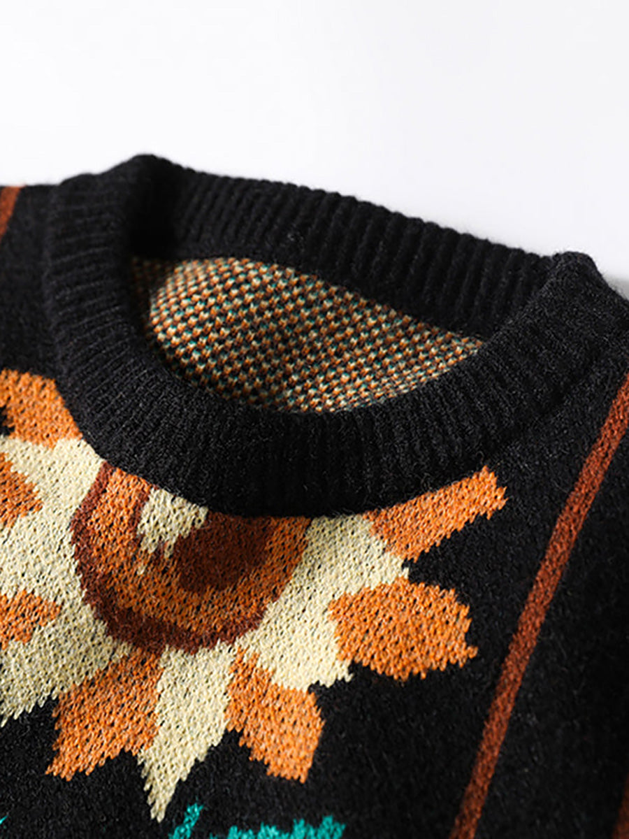 Women Floral Knitted O Neck Long Sleeve Sweater