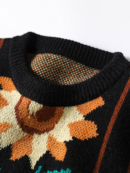 Women Floral Knitted O Neck Long Sleeve Sweater