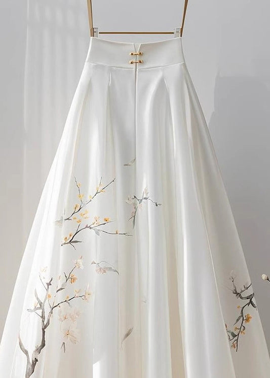 Chinese Style White High Waist Print Chiffon Skirts Fall