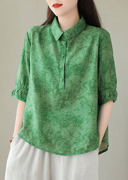 Green Print Cotton Shirts Peter Pan Collar Plus Size Summer