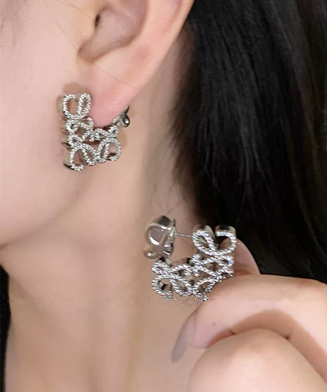 Personalized Fashion Silver Geometric Hollow Zircon Square Earrings