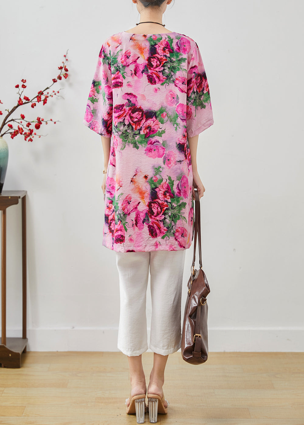 Casual Rose Oversized Print Linen Two Pieces Set Summer