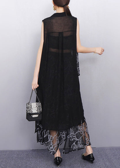 Chic Sheer Floral Black Asymmetrical Chiffon Two Pieces Set Sleeveless