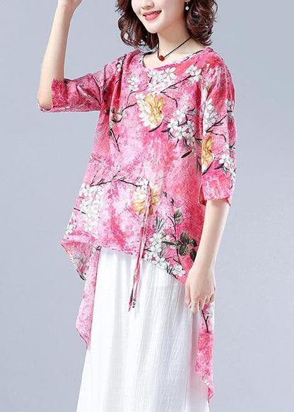Classy pink Plant printing clothes For Women o neck asymmetric tops