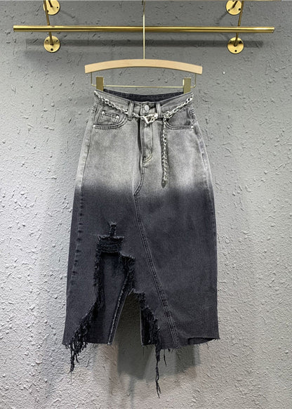 Fitted Black Grey Gradient Asymmetrical Pockets Patchwork Denim Skirts Fall