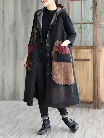 Women Vintage Patchwork Button Pocket Hooded Denim Vest