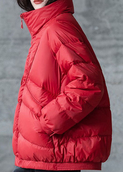 Red Loose cotton blend Puffers Jackets Stand Collar Zip Up Winter