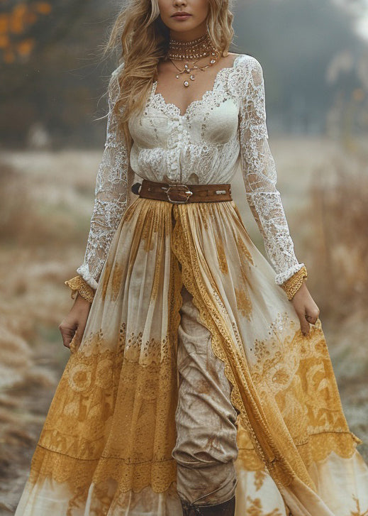 Women V Neck Patchwork Pastoral Style Lace Long Dresses