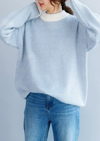 Pullover winter blue white striped knit sweat tops casual high neck crane tops