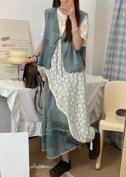Vintage Blue Asymmetrical Lace Up Denim Three Piece Set Summer