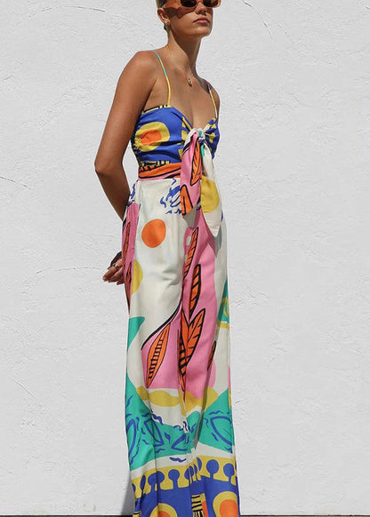 Boutique Printed Waistcinched Tieknot Wideleg Straight Tube Romper Sleeveless