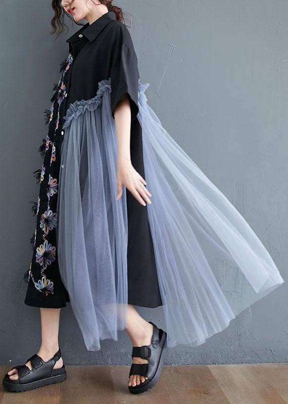 Casual Black Patchwork Tulle Peter Pan Collar Summer Button Dresses Half Sleeve