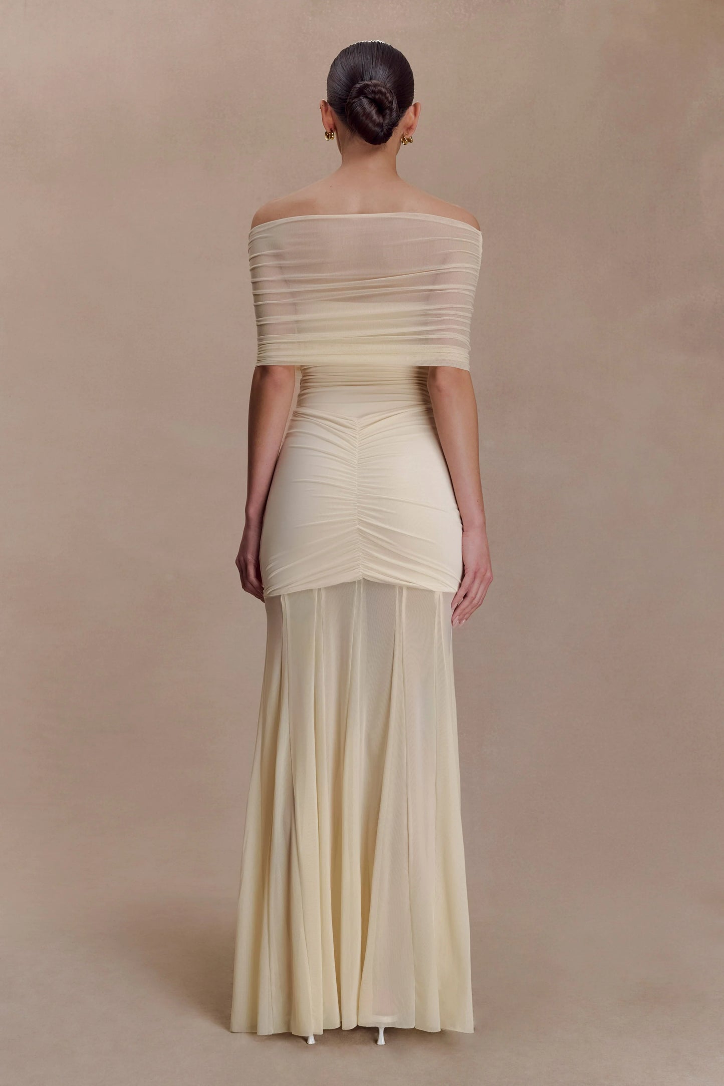 Caspian Slinky And Mesh Off Shoulder Maxi Dress - Ivory