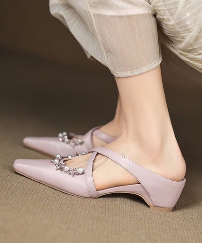 Pink Wedge Sheepskin Elegant Splicing Slide Sandals Zircon Nail Bead