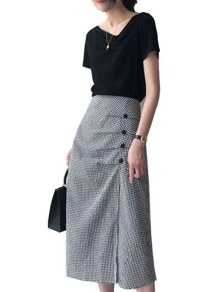 Women Black V Neck Tops And Skirts Cotton Two Pieces Summer