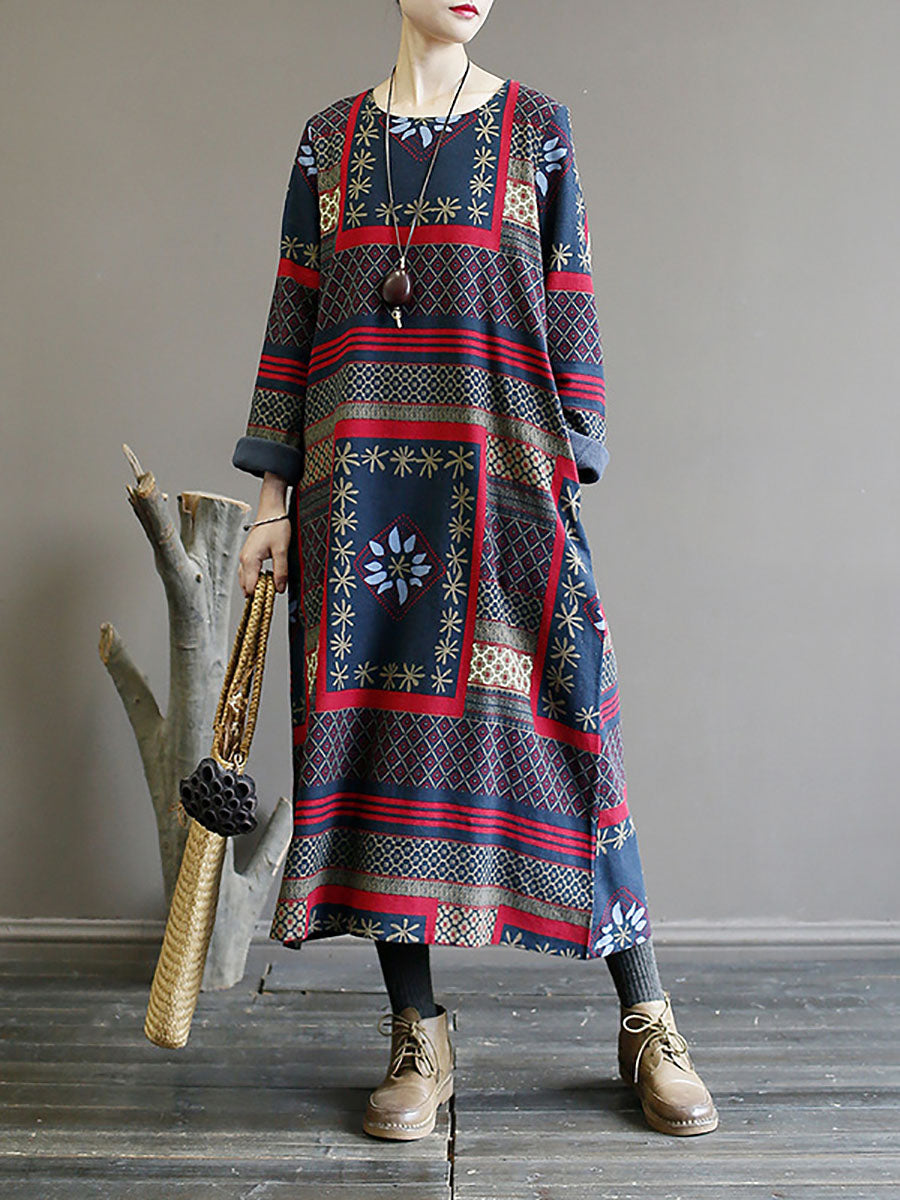 Women Winter Vintage Ethnic Pocket Print Loose Dress