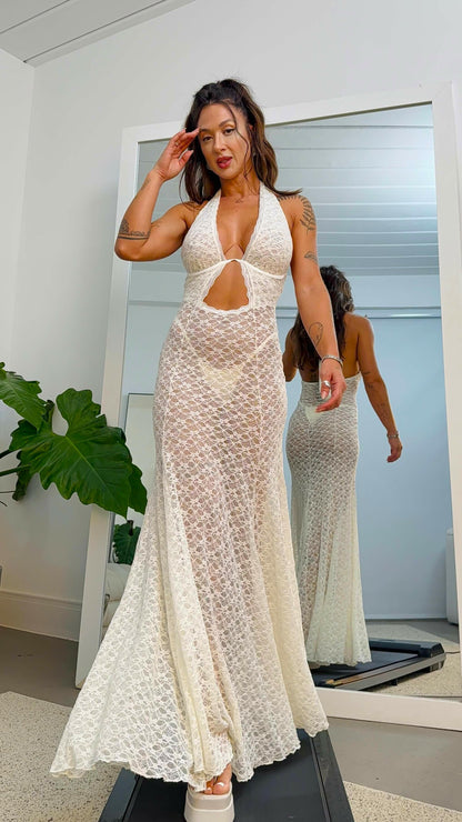 Sexy Halter Lace Sheer Evening Gown