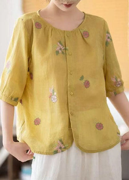 Fine Yellow O-Neck Embroidered Linen Tops Summer