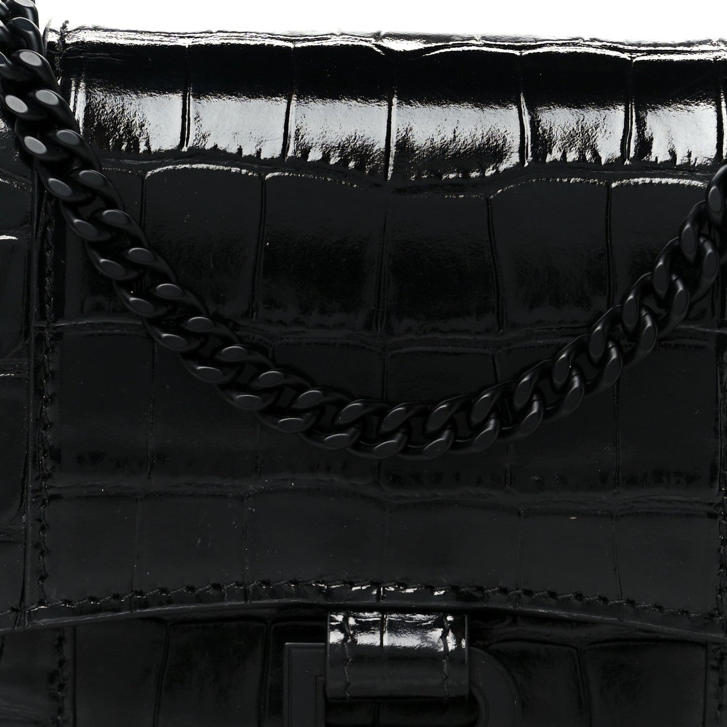 Shiny Calfskin Monochrome Crocodile Embossed Hourglass Chain Bag Black