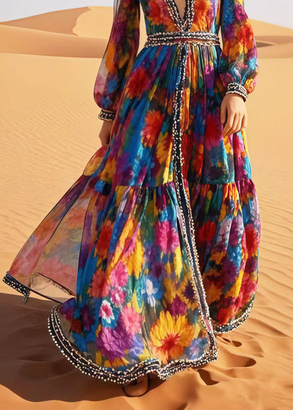 Bohemian Flower Print Exra Large Hem Chiffon Beach Dress Spring