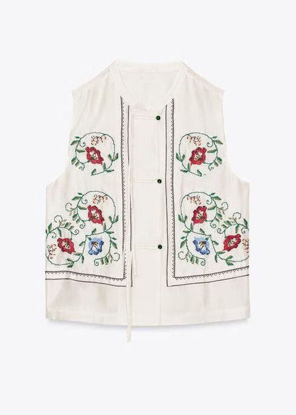 Women White Embroidered Tassel Cotton Top Sleeveless