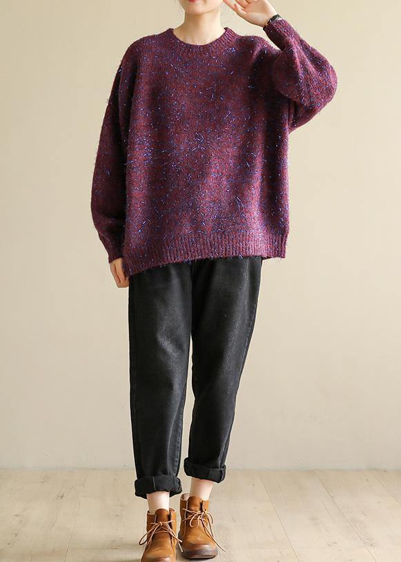 Oversized purple knit tops wild fall fashion o neck knitwear