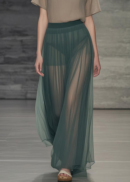 Women Tea Green Elastic Waist Tulle Pleated Skirts Summer