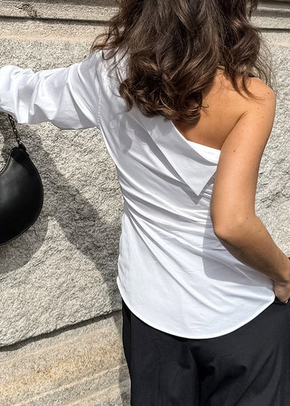 Women White One Shoulder Patchwork Cotton Shirt Tops Fall
