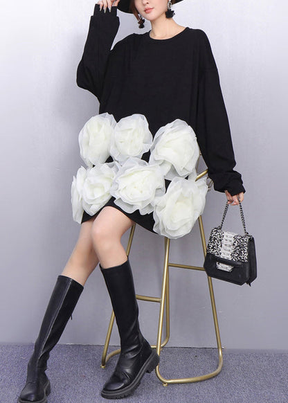 Black Floral Decorated Cotton Mid Dresses Oversized Spring