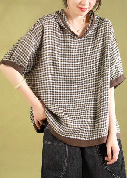 Women Navy Hooded Plaid Linen Shirt Tops Summer