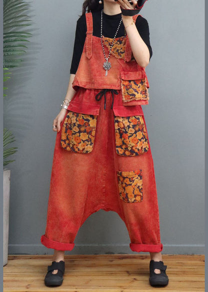Fine Red Cinched Print Corduroy Two Pieces Set