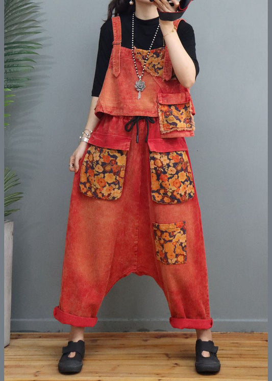 Fine Red Cinched Print Corduroy Two Pieces Set