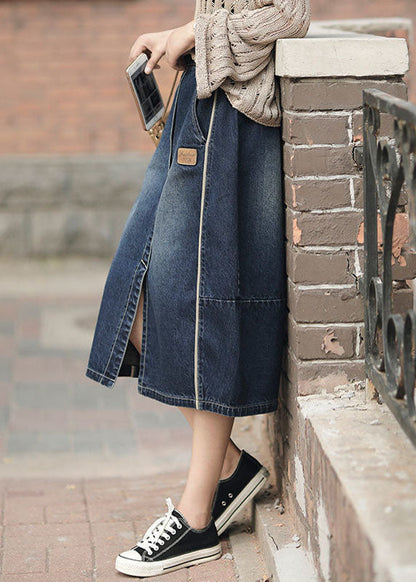 Fashion Denim Blue High Waist Pockets Patchwork Side Open Cotton Skirts Cozy