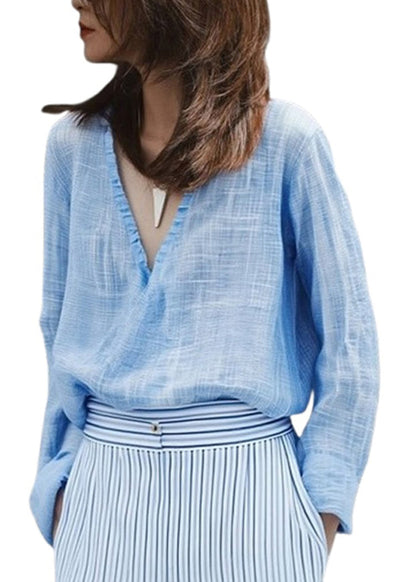 Casual Blue V Neck Solid Shirt Fall