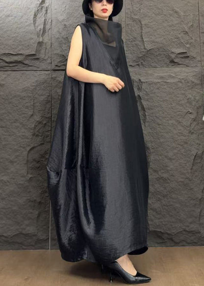 Black Solid Patchwork Silk Long Dresses Turtleneck Summer