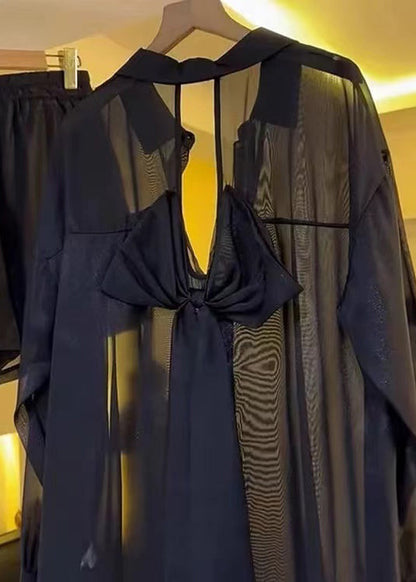 Casual Black Bow Backless Chiffon Sheer Blouses Summer