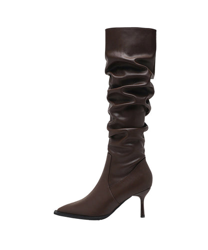 Chic Splicing Stiletto Boots Brown Faux Leather Pointed Toe