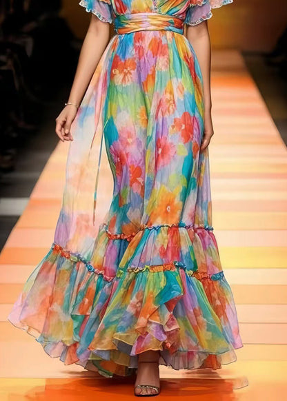 Elegant Multicolour Cinched Print Chiffon Vacation Dresses Summer