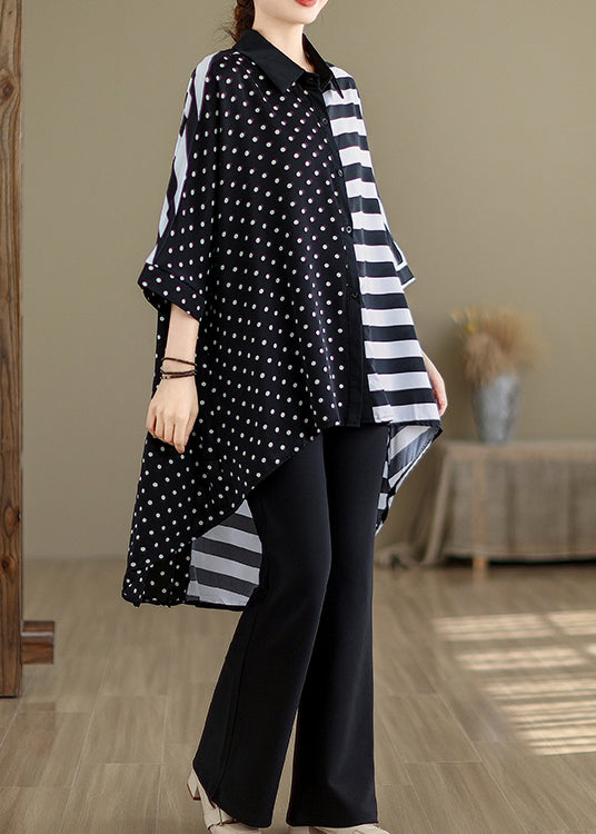 Plus Size Colorblock Peter Pan Collar Low High Design Cotton Shirt Tops Summer