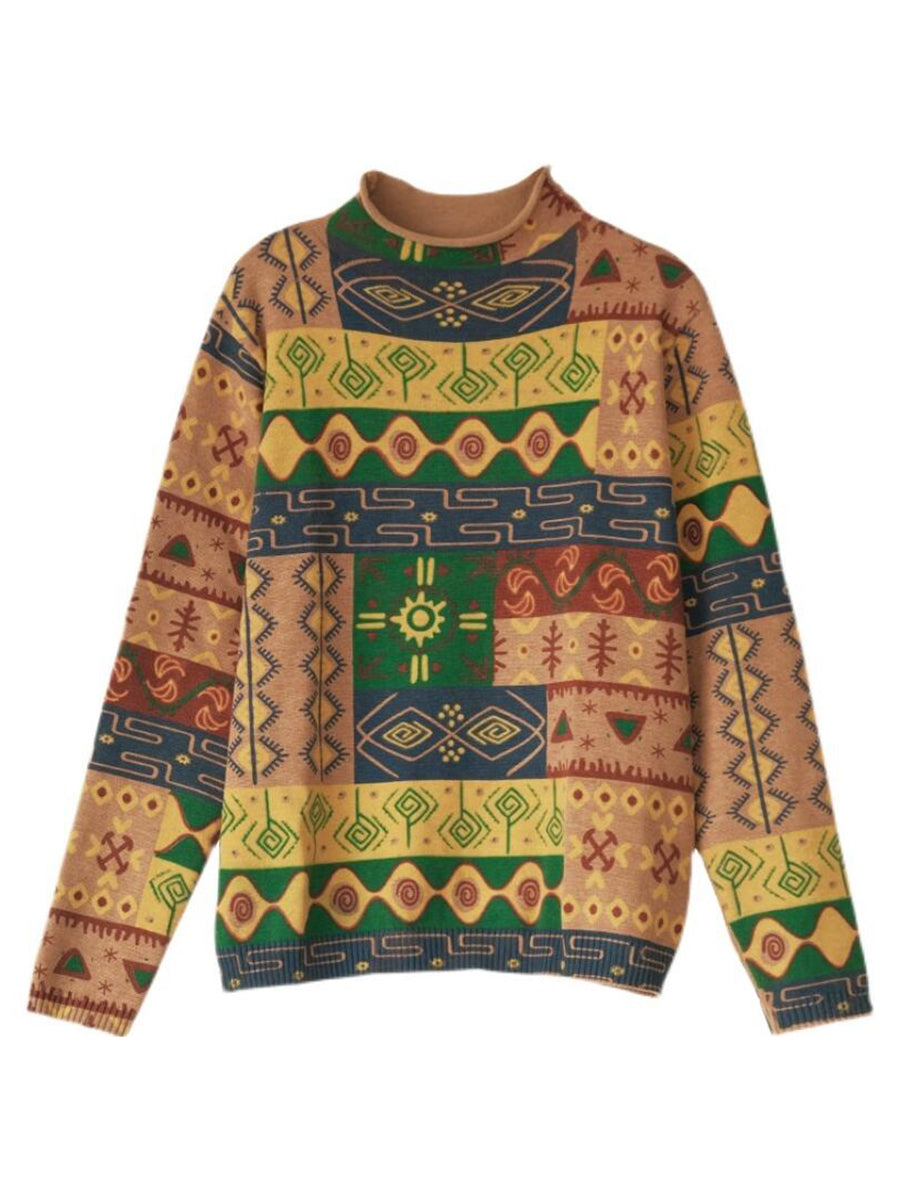 Half-High Collar Cotton Colorblock Women Autumn Casual Sweater
